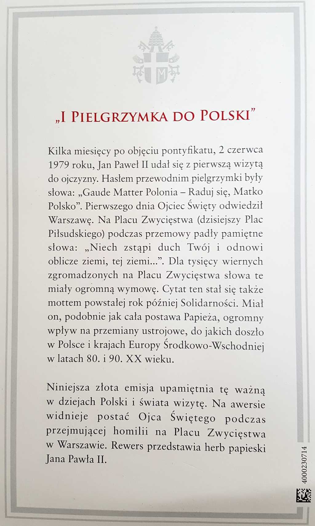 Kolekcjonerski złoty medal - Jan Paweł II - próba 585