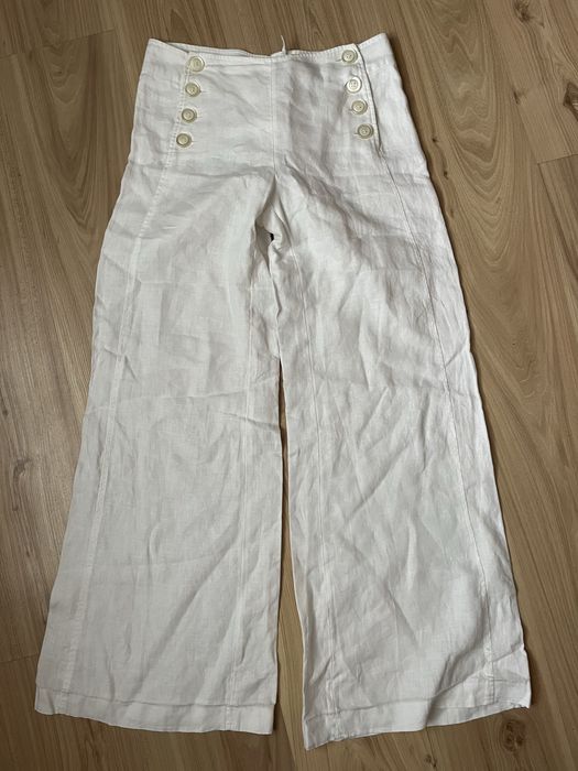 Białe spodnie lniane szeroka nogawka H&M