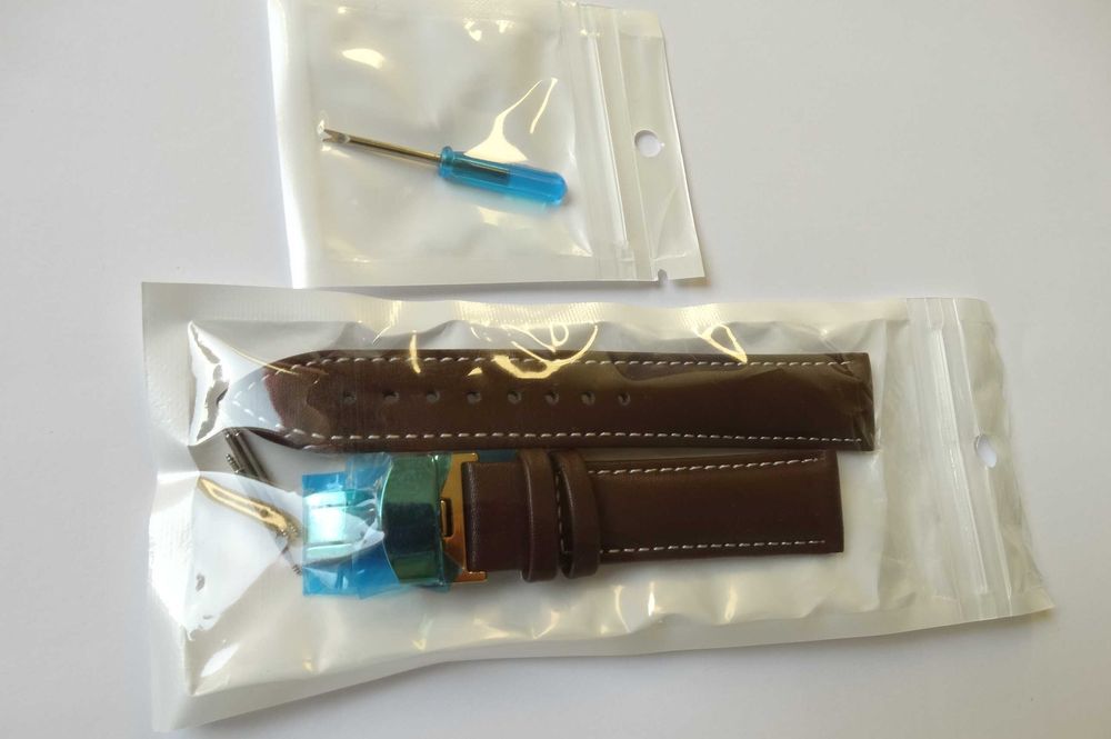 Pasek skórzany do zegarka 20mm 22mm brązowy zapięcie motylkowe złote