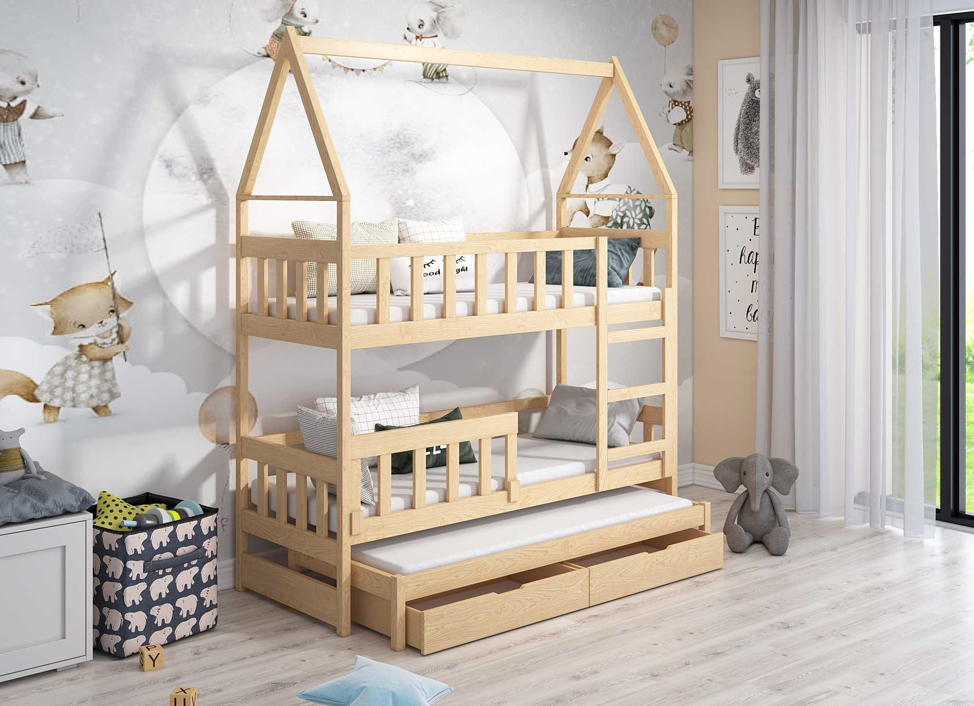 Łóżko piętrowe dla dzieci DOMEK 3 osobowe, materace 160x75 | 180x75