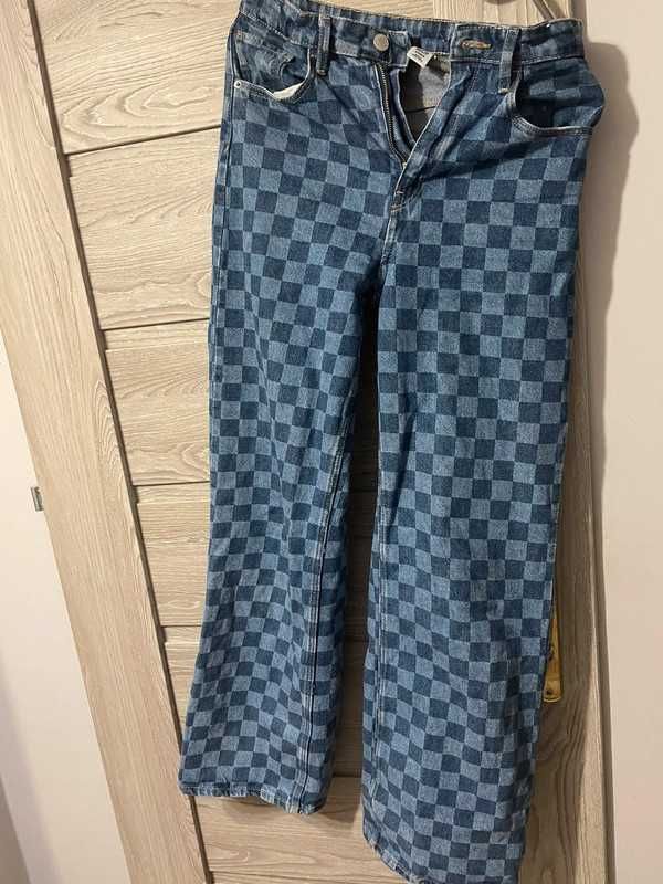 Jeansy spodnie w kratę niebieskie 164cm