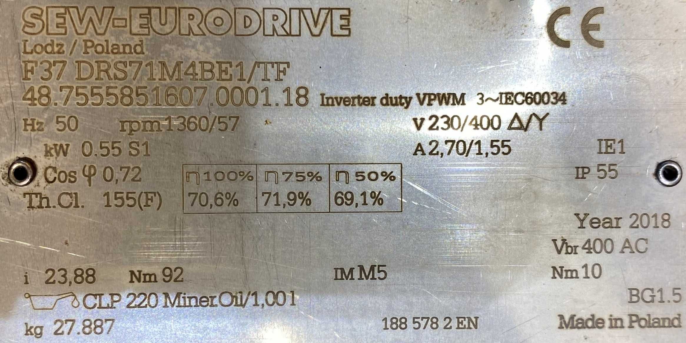 motoreduktor / przekładnia 0,55kW 57obr. 3fazowy HAMULEC SEW