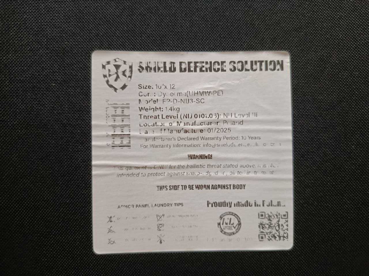 Płyta balistyczna Shield Defence Solution UHMW-PE NIJ III 10"x 12"