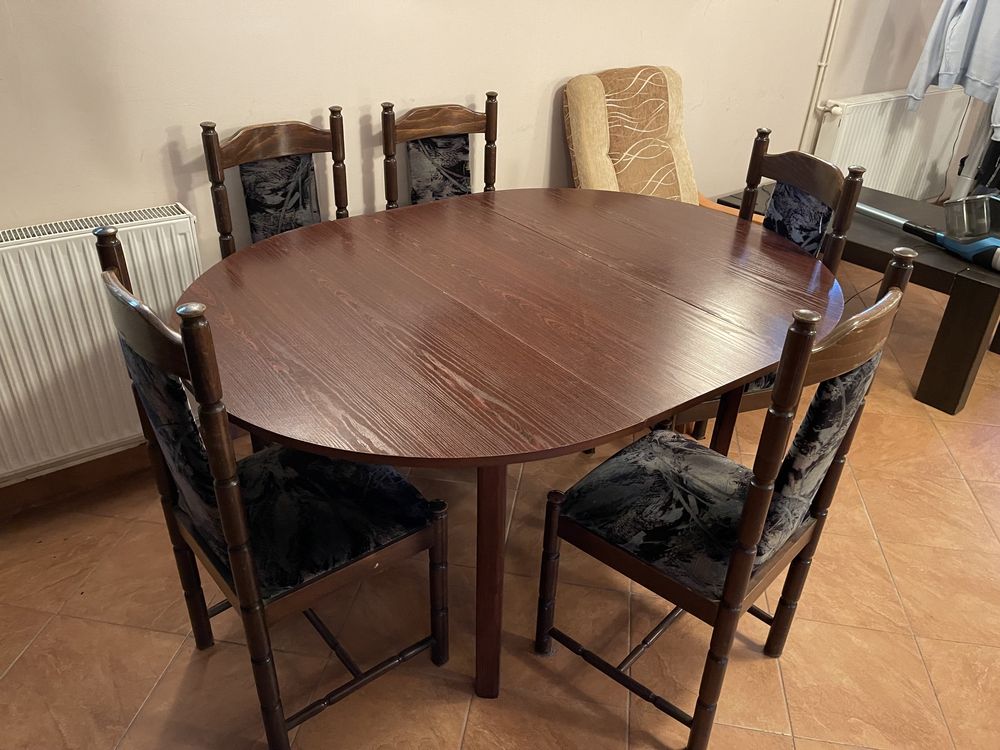 Stół rozkładany okrągły/owalny + 5 krzeseł