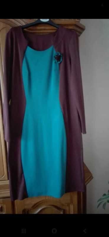 Sukienka rozmiar 42 XL niebiesko-brązowa aplikacja kwiatek stan brb