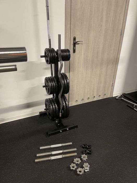 Zestaw talerze żeliwne + 2 sztangi, hantle i stojak 140kg