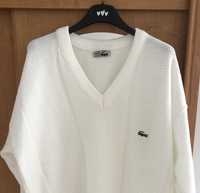 Biały bawełniany sweter, z dekoltem w serek, vintage Lacoste