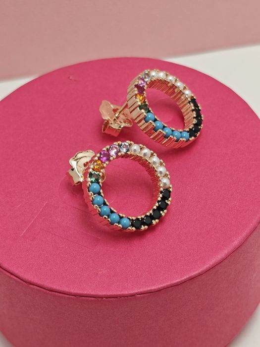 Kolczyki duże obręcze różowe srebro vermeil 925 z kolorowymi kamieniam