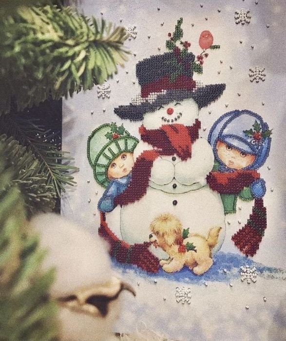 Картина «Зимові забави» вишивка на полотні декор хендмейд
