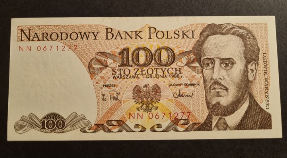 Banknot 100 złotych 1988 Waryński seria NN destrukt czcionka