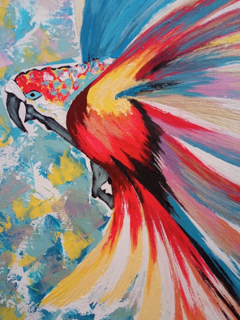 Картина акрилом, яскравий папуга