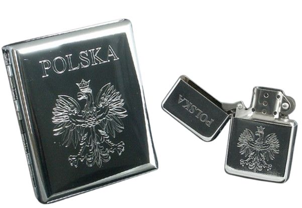 Zestaw Papierośnica + Zapalniczka z Grawerem Orła i Napisu Polska