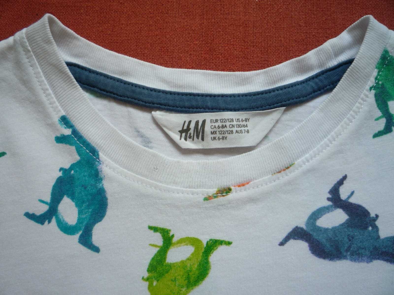 H&M r. 122/128 Biała koszulka w kolorowe dinozaury