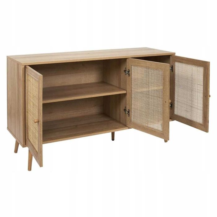 Komoda boho, plecionka, naturalna, do salonu, trzydrzwiowa, rattan dąb