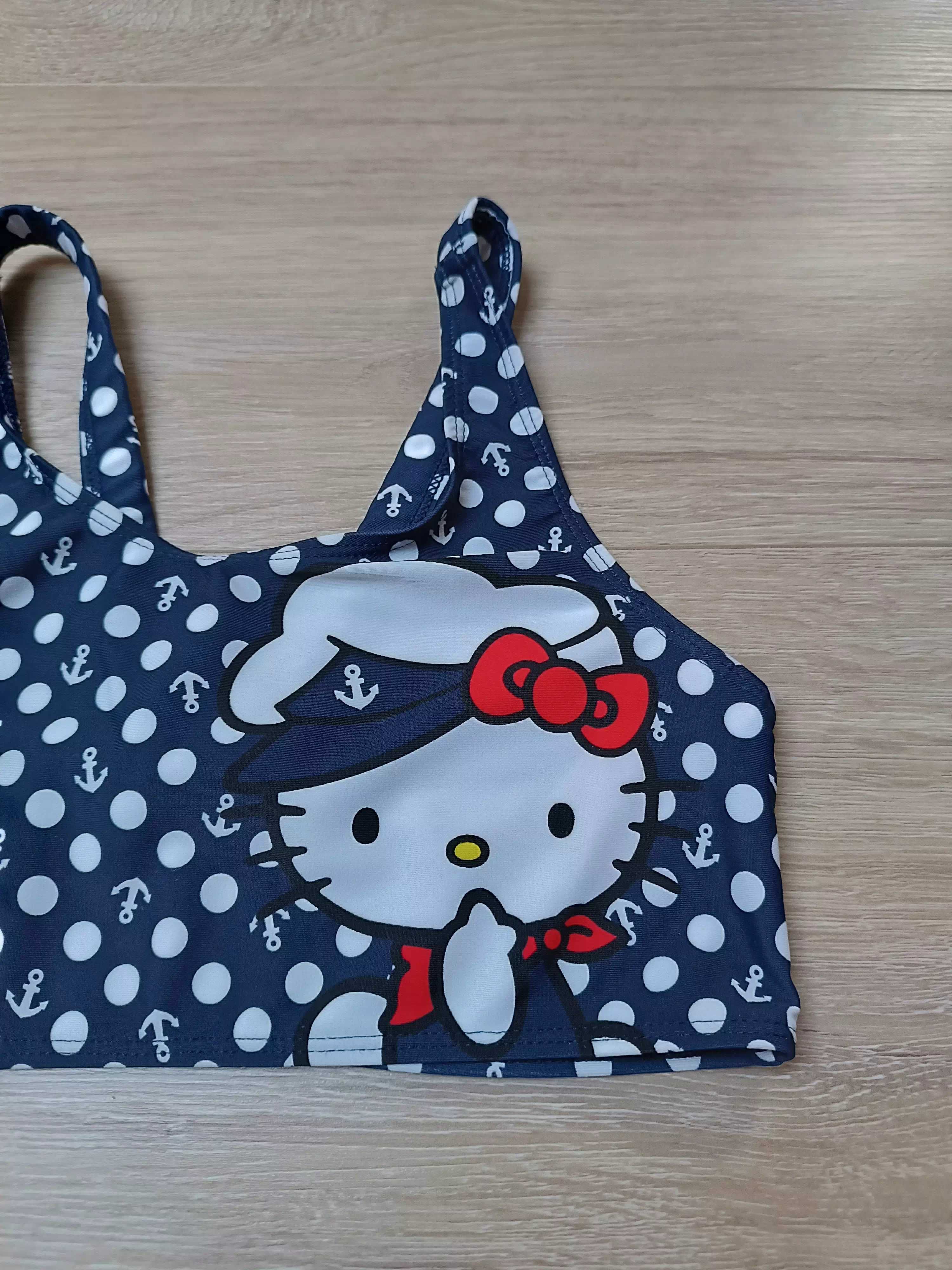 Top stanik góra bikini granatowy białe kropki Hello Kitty 'H&M' 140