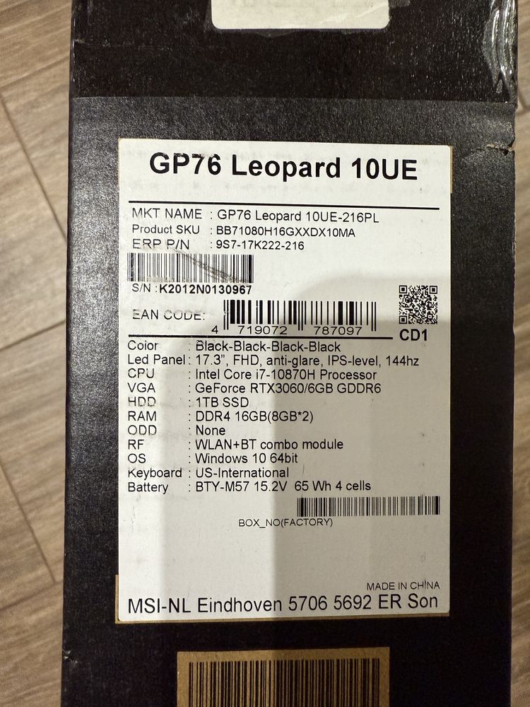 Laptop Gamingowy MSI Leopard GP76 i7-10870H/RTX3060/1TB SSD/16GB