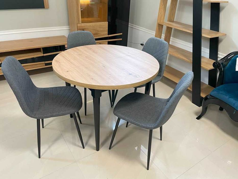(17CZ) Stół okrągły + 4 krzesła Eva antracyt, nowe