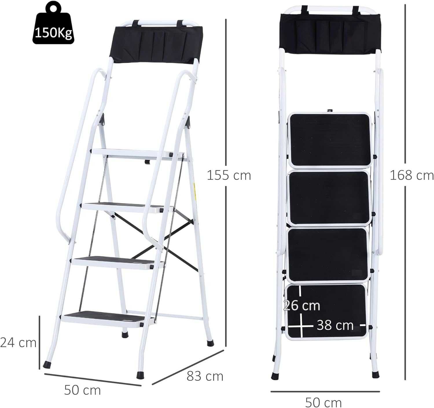 Escadote 4 degraus com corrimão +bolsa para ferramentas 1,55x50cm NOVO