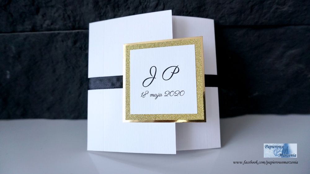 Zaproszenia ślubne SIMPLE 7 czarne lustrzane złote