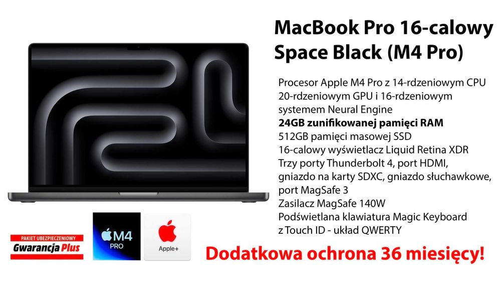 NOWY Apple MacBook Pro 16,2 M4 Pro 24GB RAM 512GB Black GW-3LATA FV23%