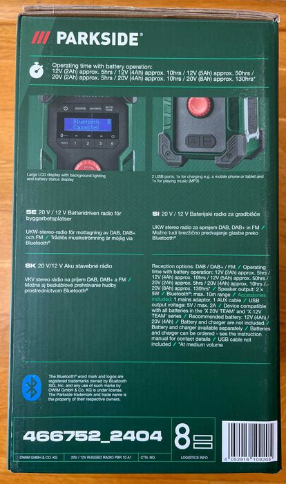 Akumulatorowe Radio budowlane warsztatowe Parkside PBRA 10 FM DAB+