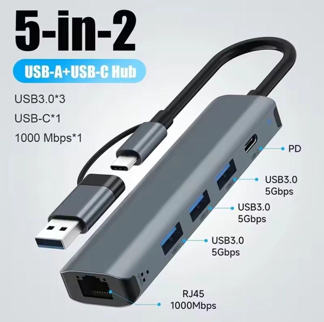 Hub USB C, 5 w 2 typu C/USB 3.0 adapter z podwójną konwersją, 3 x USB