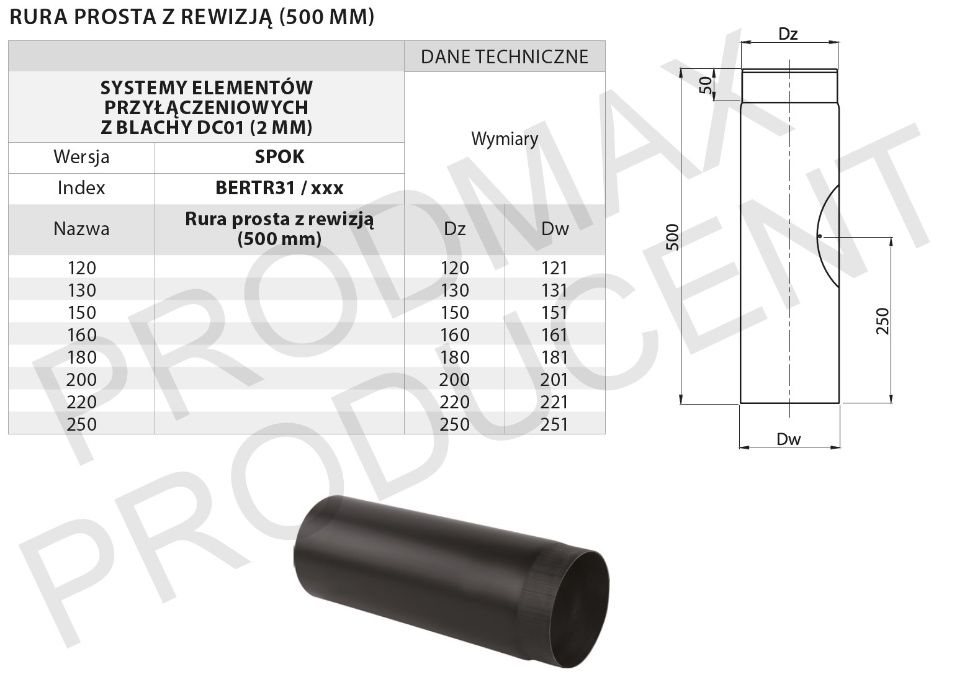 RURA CZARNA spalinowa fi 220 0,5m kominek komin
