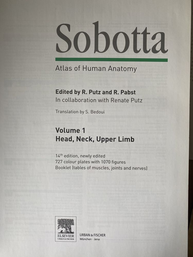 Sobotta Atlas of Human Anatomy volume 1 angielski