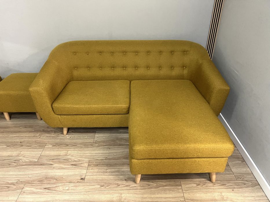 Narożnik pikowany musztardowy z dwiema pufami kanapa sofa DOSTAWA !!!