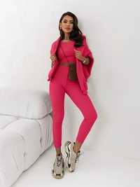 Komplet dresowy damski bluzka top legginsy 3w 1 różowy piękny