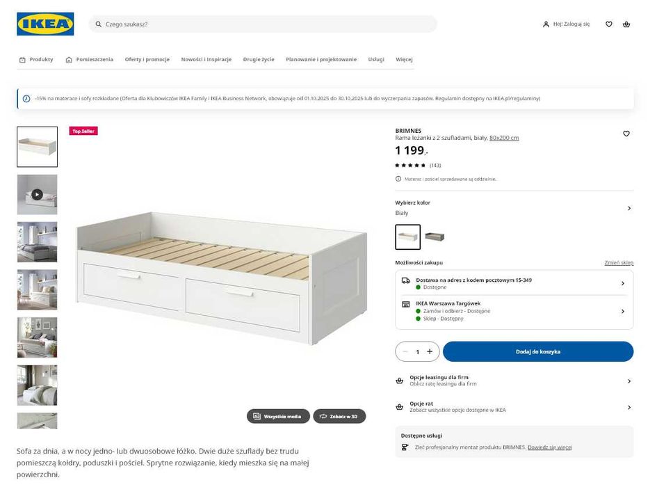 Łóżko IKEA BRIMNES [02] + 2 materace MALVIK (80x200/160x200)