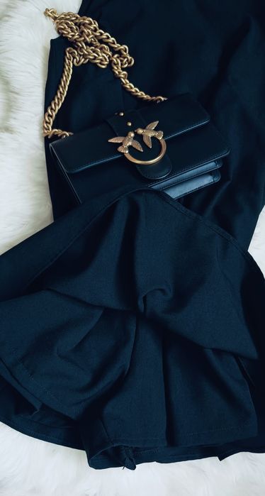 Piękny 100%len dobra metka  czarny zwiewny kombinezon sukienka spódnic