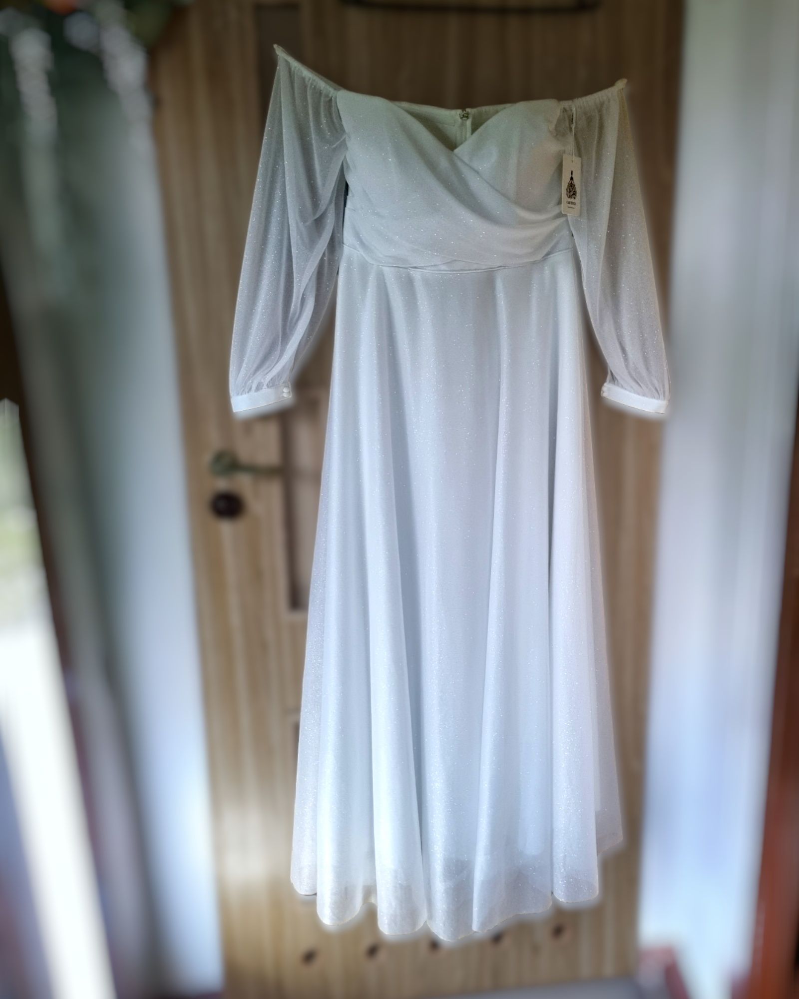 Suknia ślubna wieczorowa biała maxi plus size r 44 XXL z brokatem NOWA