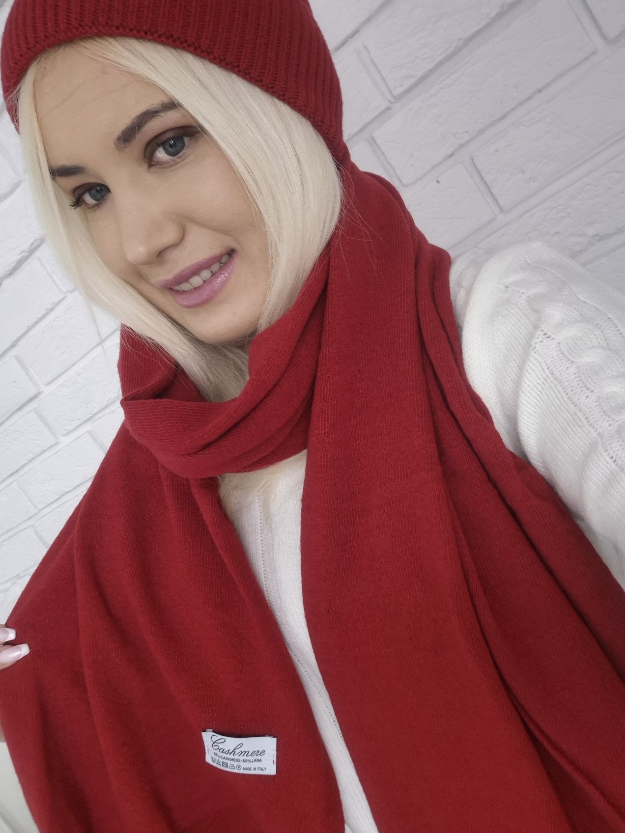 Czerwony komplet kaszmirowy czapka i szalik cashmere