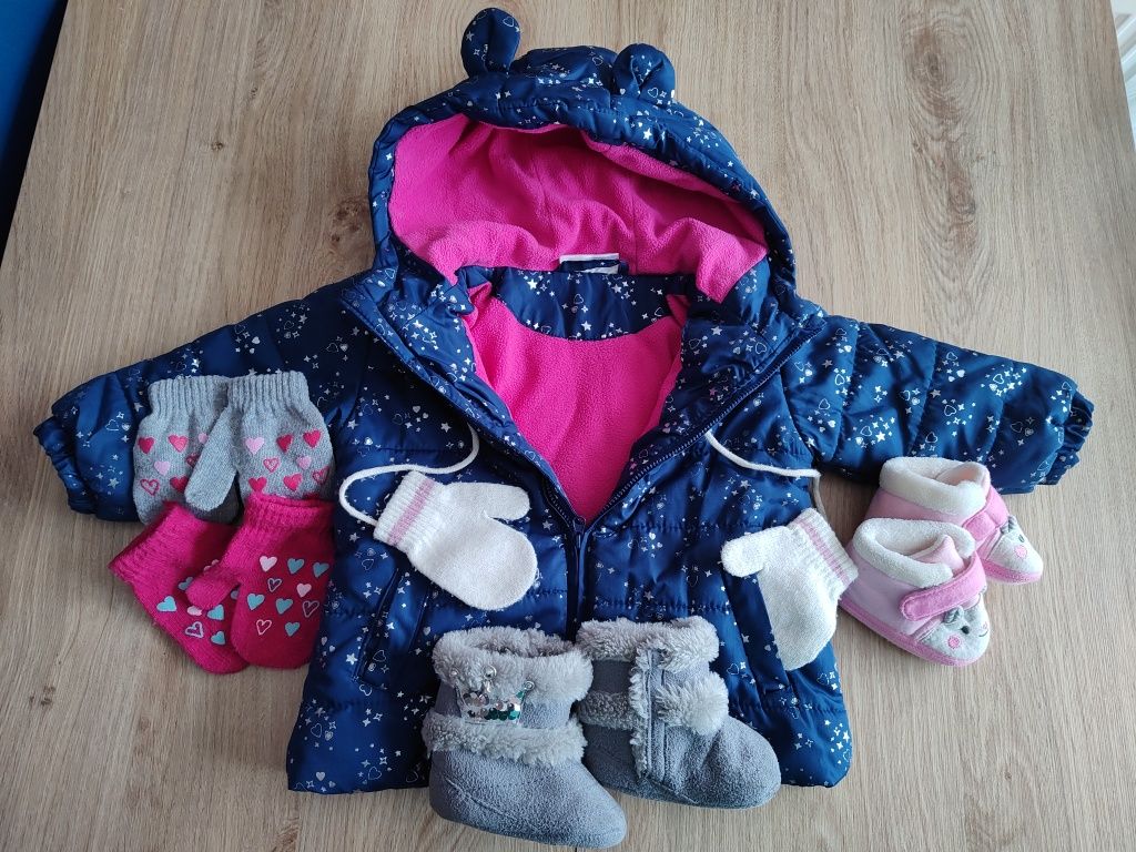 Zimowa kurteczka dla dziewczynki 74 buciki, rękawiczki