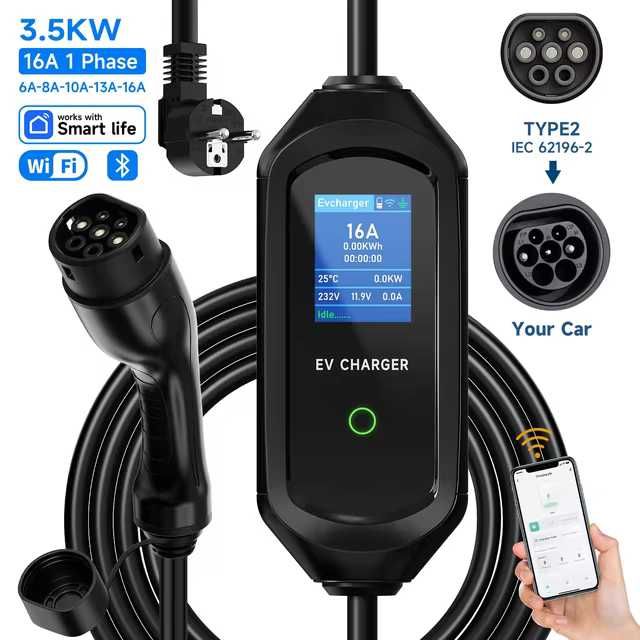 Carregador Portátil de Veículo Elétrico de 8 a 16A com APP+Wifi