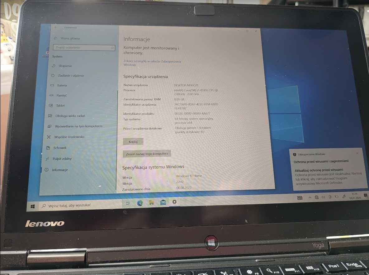 Laptop Lenovo ThinkPad Yoga S1 używany z niemiecką klawiaturą