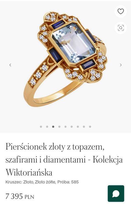 Pierścionek złoty z topazem, szafirami i diamentami - Kol Wiktoriańska