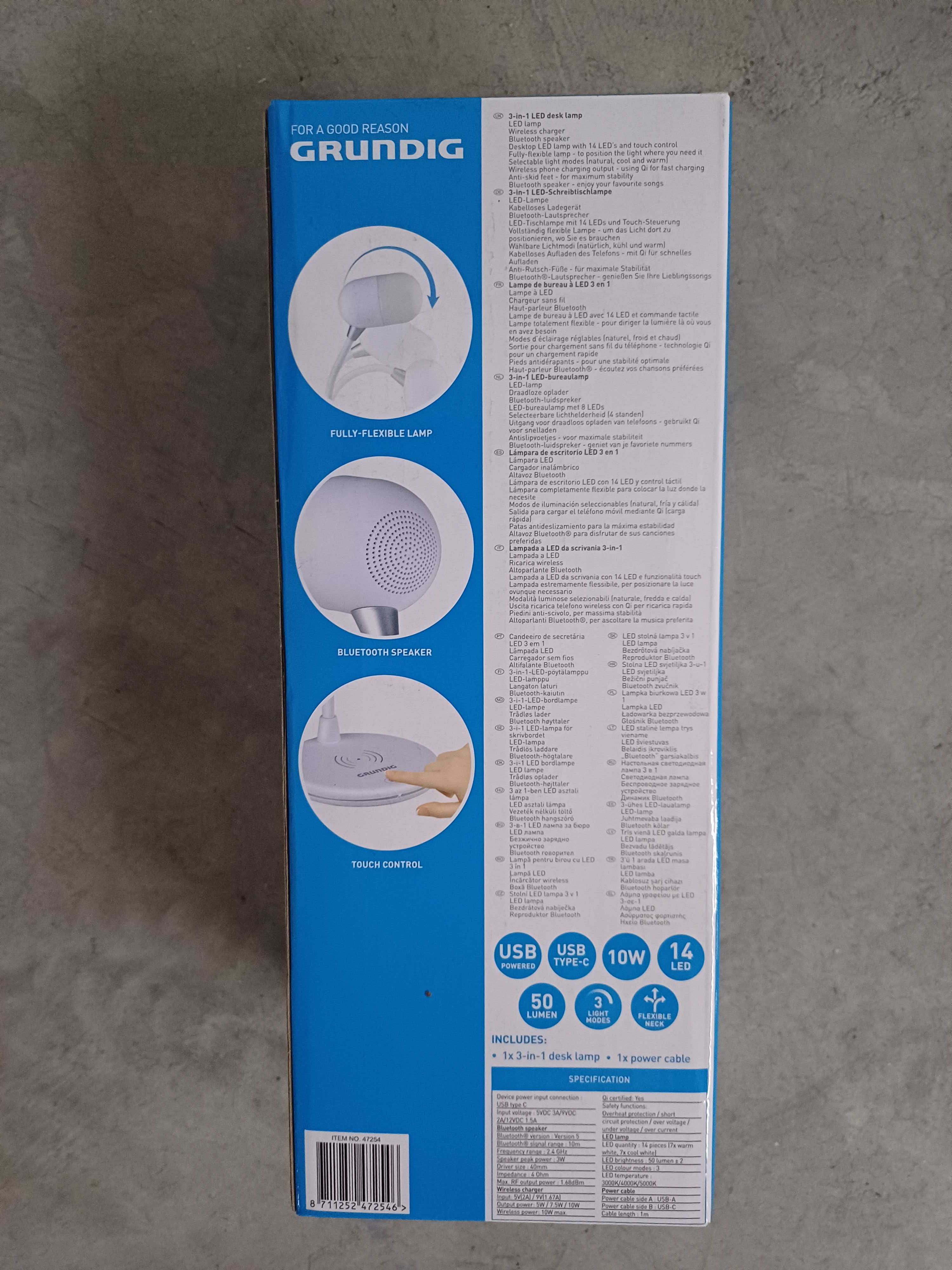 Grundig Lampada de Secretaria LED 3 em 1 carregador sem fios coluna BT