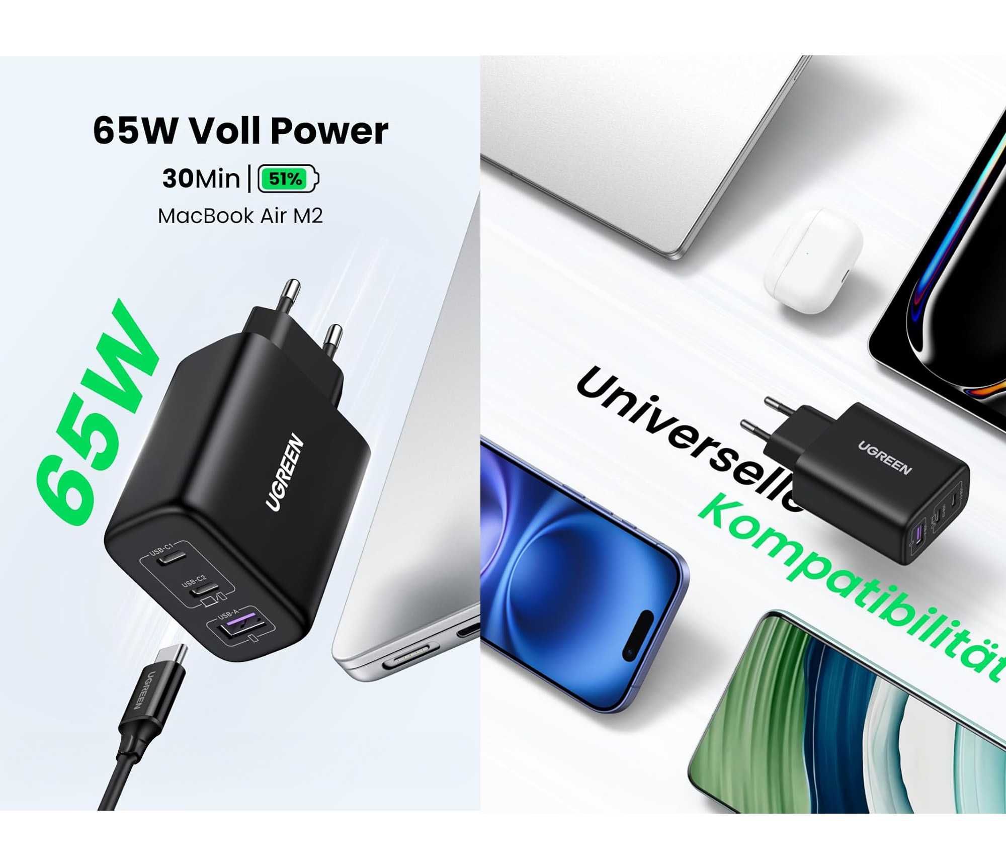 Szybka Ładowarka USB-C UGREEN 65 W iPhone 16/Pro Max/ Galaxy S24 Ultra