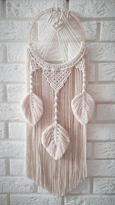 Makrama z piórami listkami handmade na prezent, łapacz snów  dekoracja
