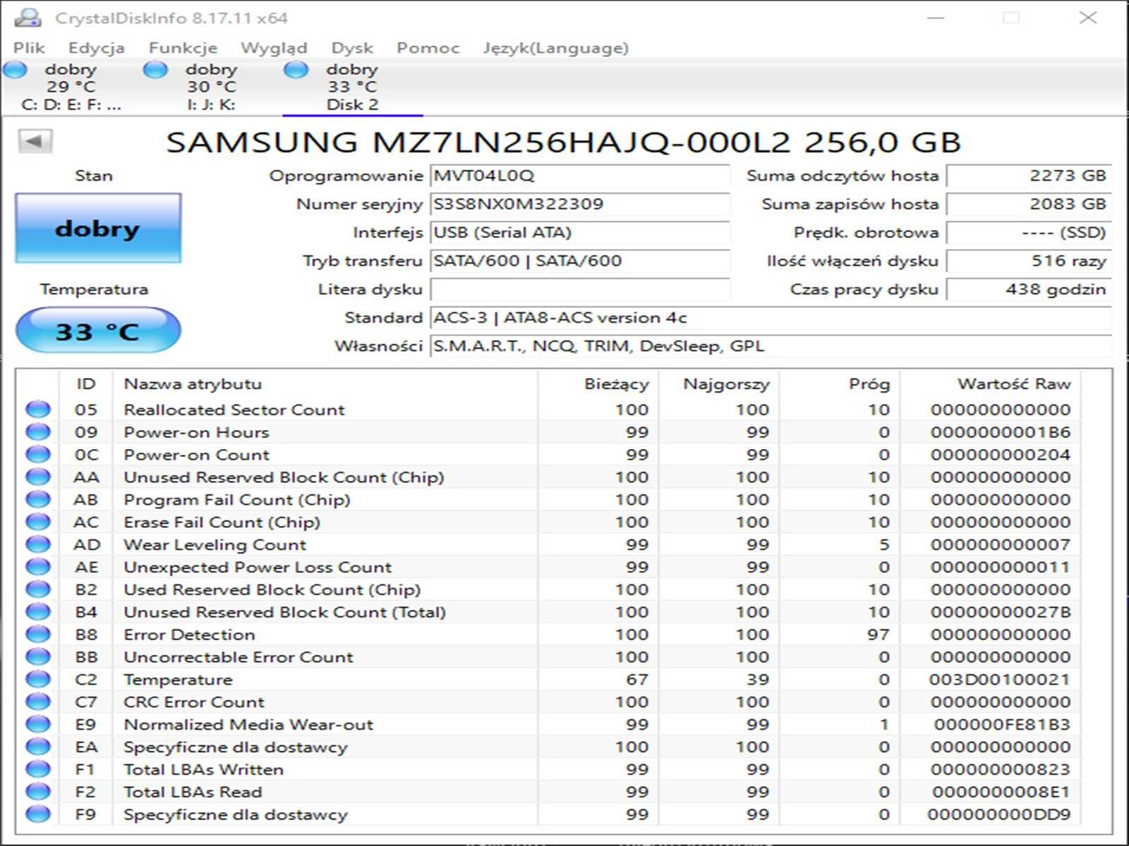 SSD 256GB Samsung Pm871B