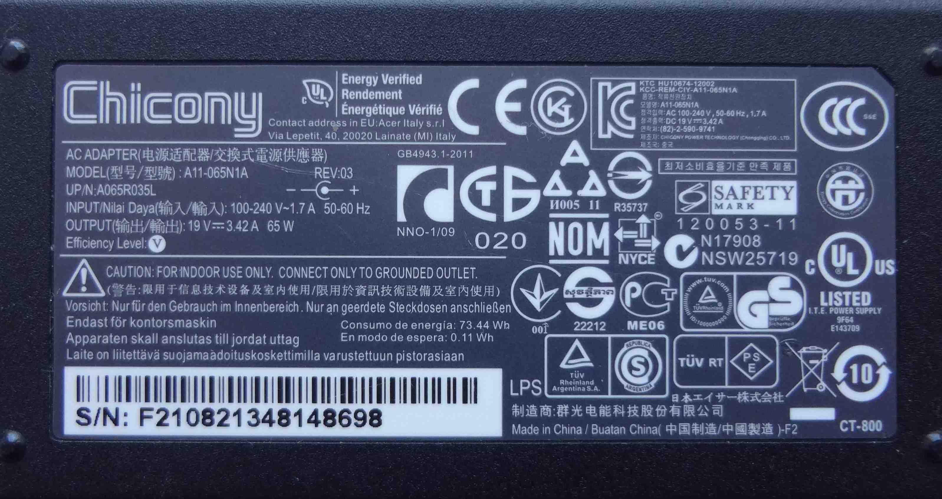 Блок питания Chicony 19V 3.42A A11-065N1A адаптер, под Lenovo