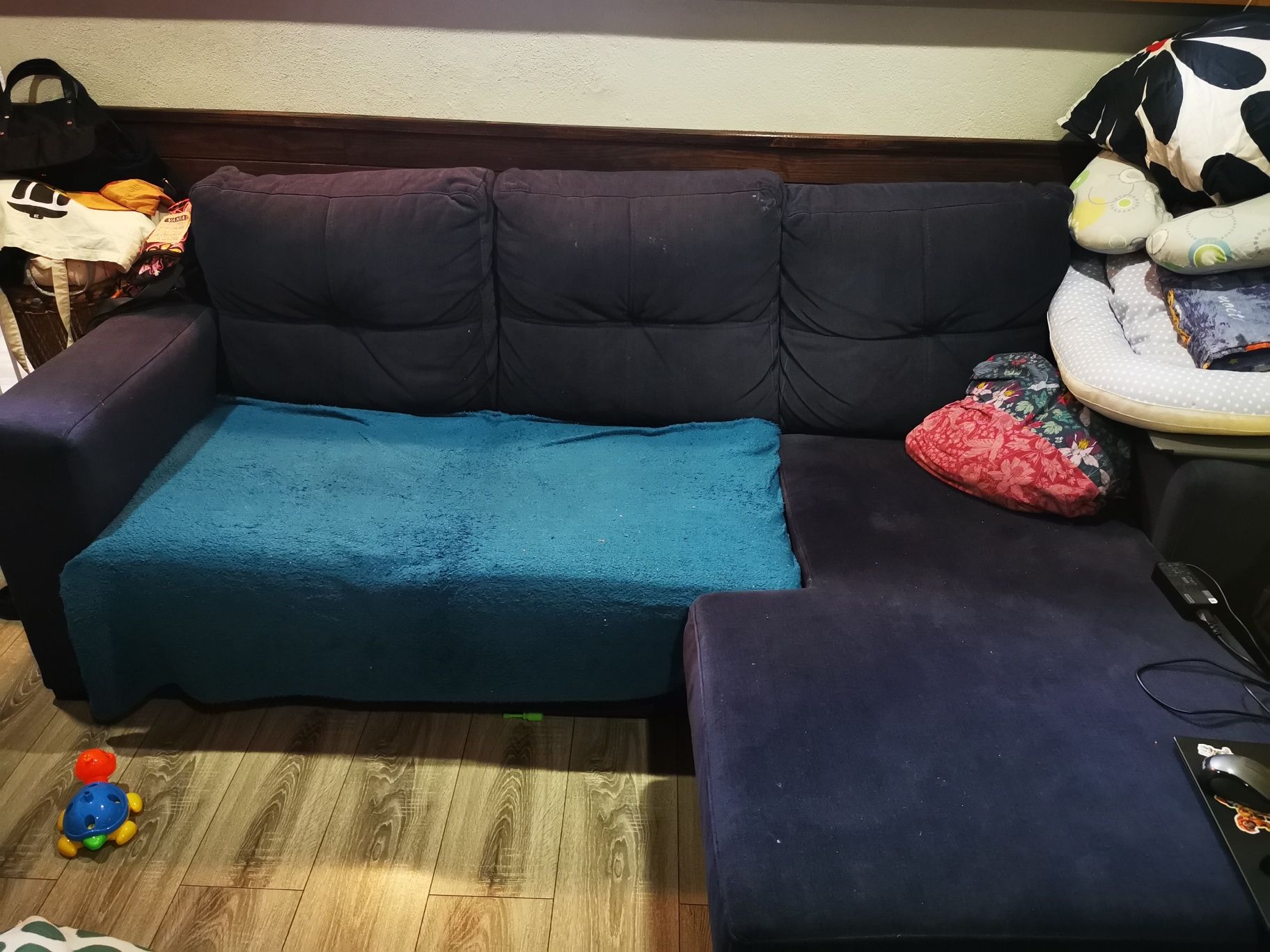 Sofá 3 lugares com chaise longue AZUL ESCURO