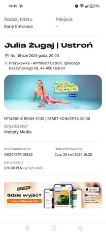 2 Bilety na koncert Julia Żugaj Ustroń early entrance 16.06.2024