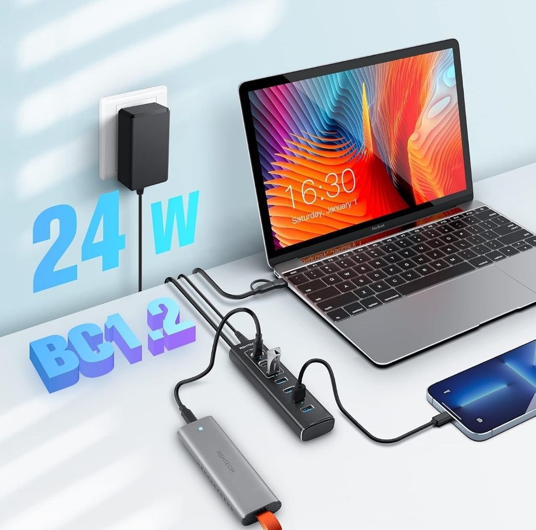 Hub USB 3,2 7portowy z zasilaczem rozdzielacz USB