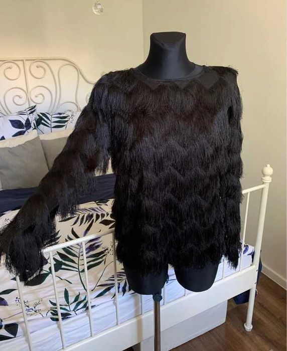 Mango czarna bluzka z frędzli z frędzlami 80s 20s retro M