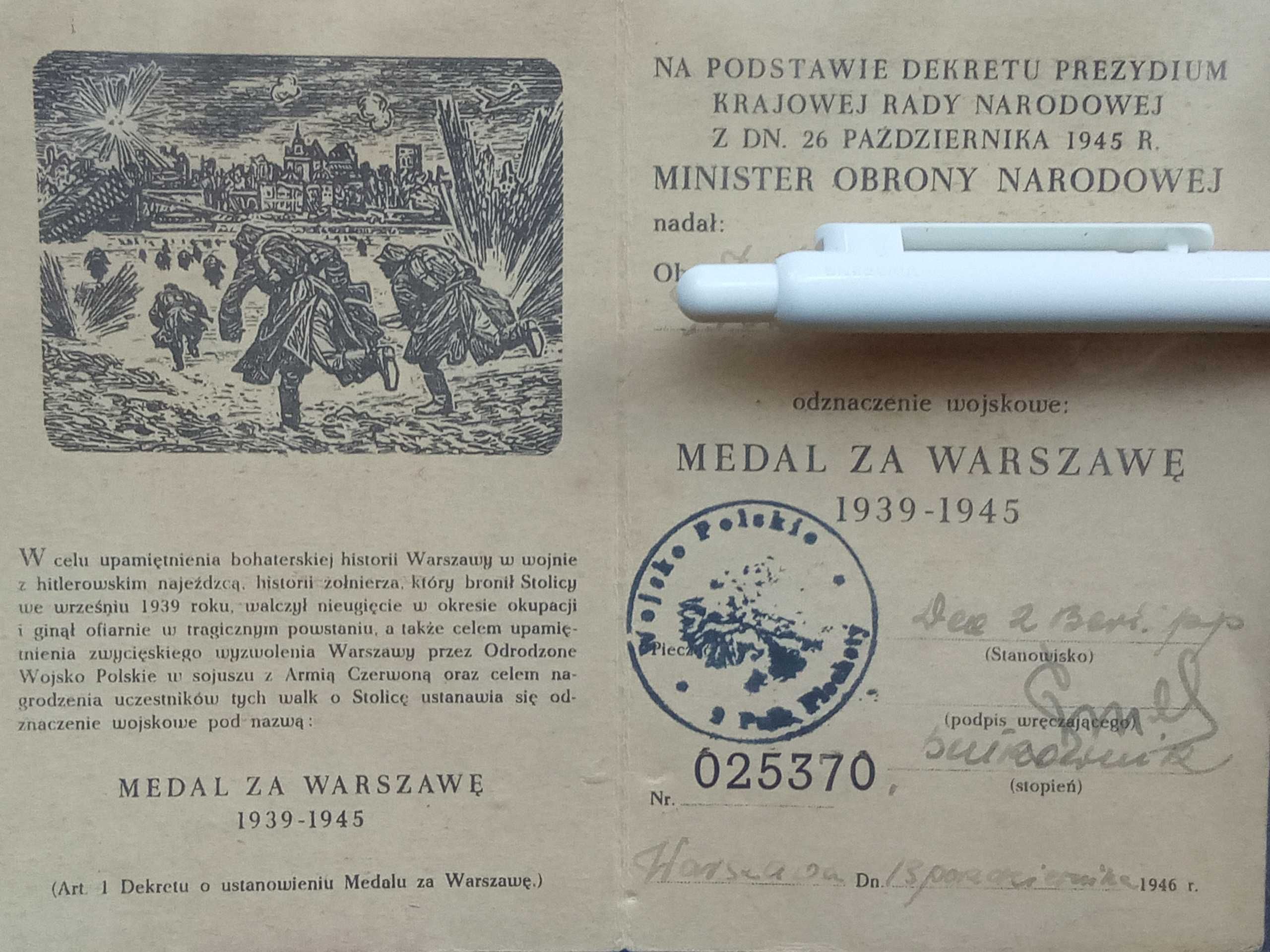 Legitymacja do odznaczenia wojskowego Medal za Warszawę z 1946 roku.