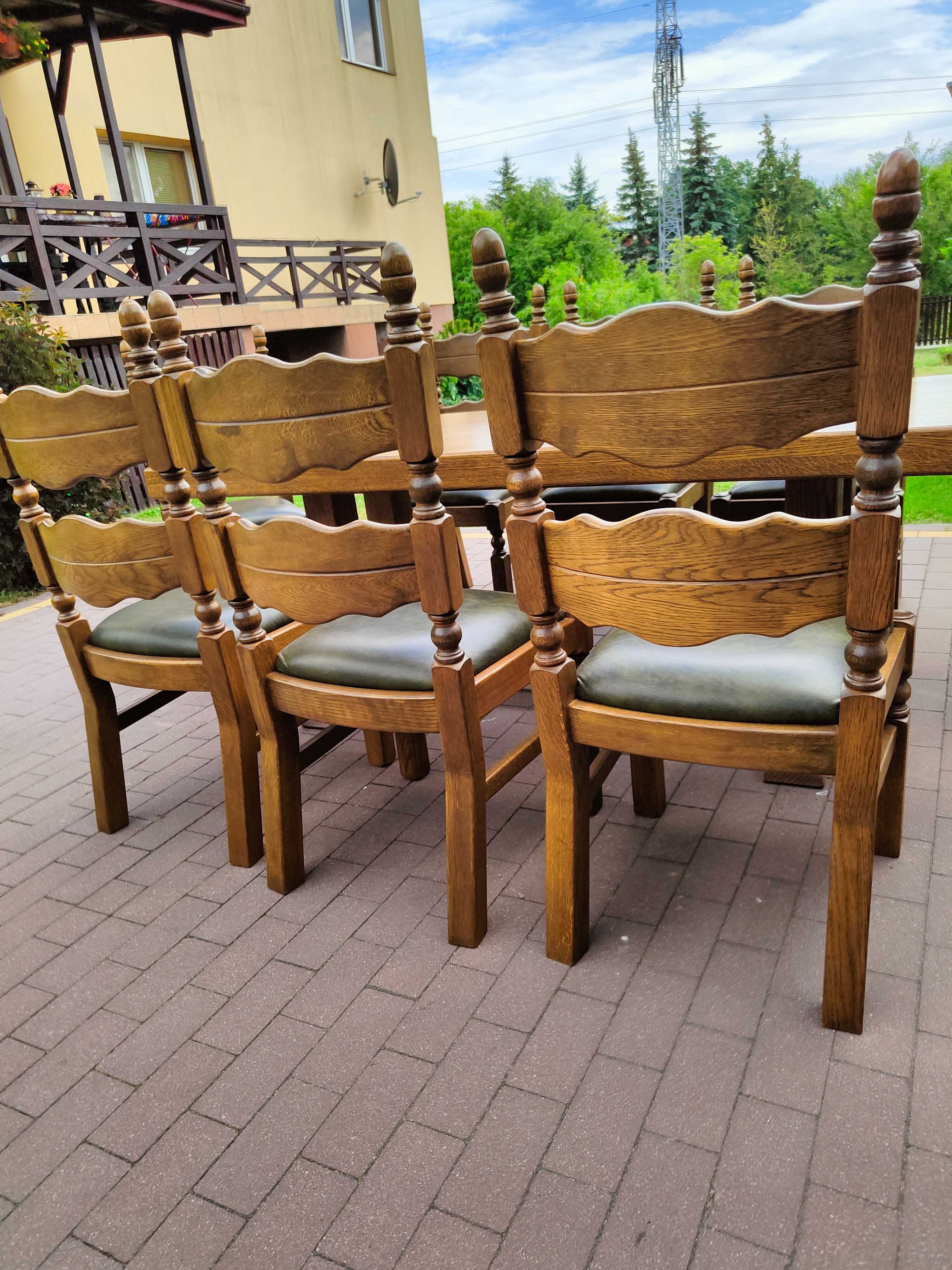 stół + 8 krzeseł 100 % lity dąb i naturalna skóra