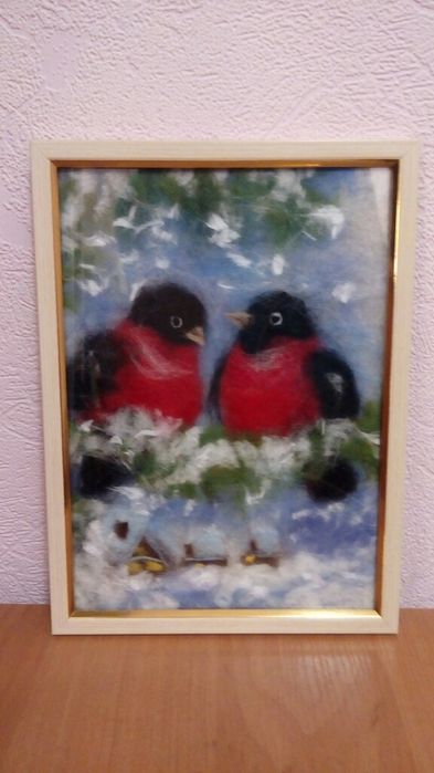Картина из шерсти. Зимний пейзаж. Подарок на Новый год. Снегири